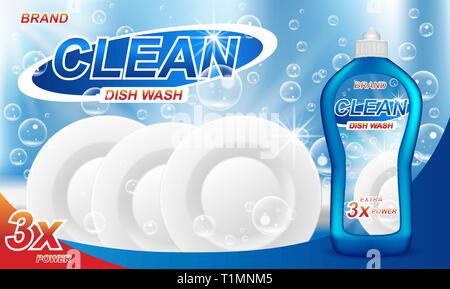 Dish wash soap ads. Realistic plastic dishwashing packaging with detergent gel design. Liquid soap with white clean plates. 3d vector illustration Stock Vector