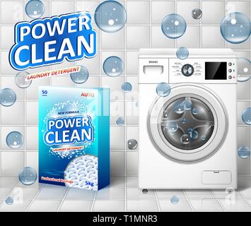 Washing machine ad. Stain remover banner design with realistic washing machine and laundry detergent package with clean soap bubbles. vector Stock Vector