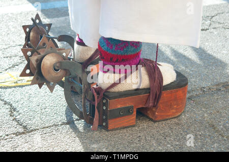 Italy, Lombardy, Crema, Carnival, Wooden Platform Sandals and Spurs on Pujllay Dancer Stock Photo