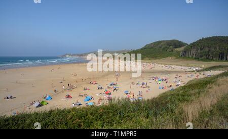 Overview of Playa de Meron and Playa Gerron beaches, San Vicente de la Barquera, Cantabria, Spain, August. Stock Photo