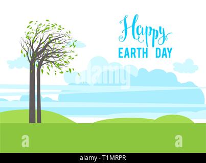 Trees, green grass and blue sky flat landscape. Happy Earth day illustration. Stock Vector