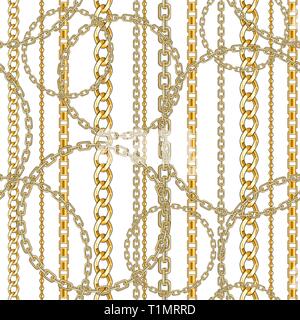 Fashion seamless pattern with gold chain on white background for fabric. Trendy repeating print. Stock Vector