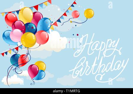 Happy birthday background with balloons and flags on blue sky. Holiday cartoon illustration. Stock Vector