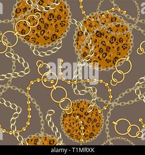 Seamless pattern with gold chain on brown background for fabric. Trendy repeating fashion print. Stock Vector