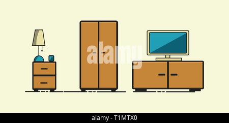 Living room modern minimalism. Flat style furniture items. Linear stroke TV with a chest of drawers and wardrobe, bedside table Stock Vector