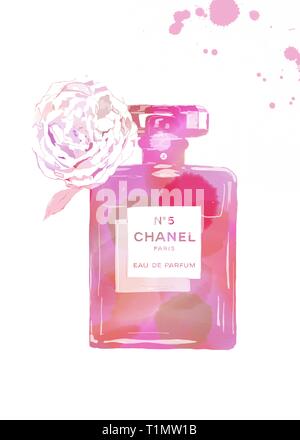 Chanel N'5 perfume bottle, Chanel No. 5 Coco Mademoiselle Perfume, Painted  pink Chanel perfume, watercolor Painting, cosmetics png