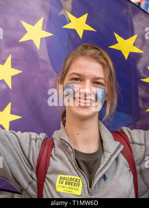 Teenager holding European Union flag on the People's Vote march, 23 March 2019, London, UK Stock Photo