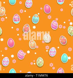 Orange bright festive background. Easter holiday seamless pattern for design card, banner, ticket, leaflet, poster, wallpaper and so on. Happy Easter painted eggs. Stock Vector