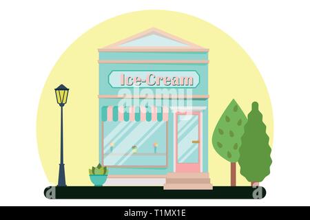 Vector modern ice-cream cafe detailed facade in flat style. Vector illustration. Stock Vector