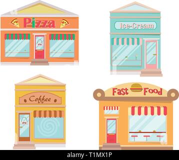 Vector modern cafe, fast food, ice cream and pizza detailed facade in flat style. Vector illustration. Stock Vector