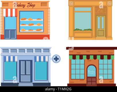 Vector modern cafe, bakery, drugstore and barbershop detailed facade in flat style. Vector illustration. Flat style illustration Stock Vector