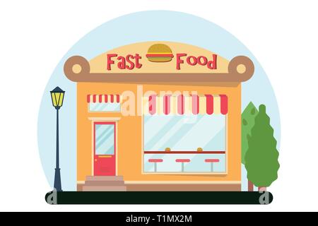 Vector modern fast food cafe detailed facade in flat style. Vector illustration. Stock Vector