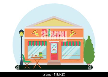 Vector modern pizza cafe detailed facade in flat style. Vector illustration. Stock Vector