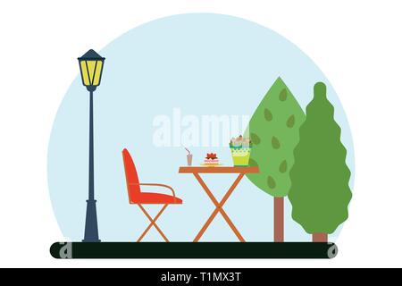Dining table with chair Outdoor picnic Chair, table, flower, food, Flat design Vector illustration Stock Vector