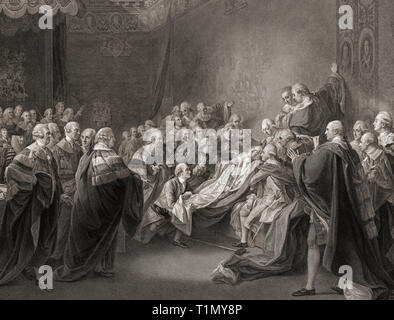 The Death of the Earl of Chatham, after a painting by John Singleton Copley.  William Pitt, 1st Earl of Chatham, British statesman and Prime Minister.  In fact, Pitt did not die in the House of Lords.  He collapsed there on April 7, 1778 and died in Hayes, Kent, May 11 1778. Stock Photo