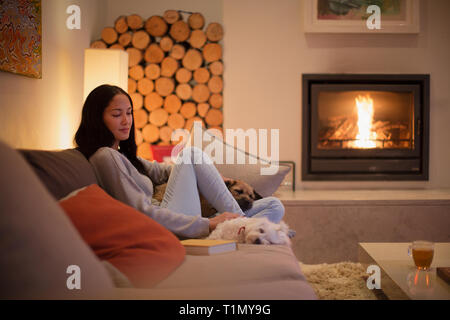 Young woman relaxing on sofa with dogs by fireplace Stock Photo