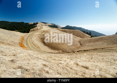 Long winding road traveling to wine country through dry hills of Marin County Stock Photo