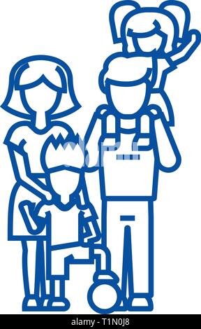 Family,on father's shoulders, mother  line icon concept. Family,on father's shoulders, mother  flat  vector symbol, sign, outline illustration. Stock Vector
