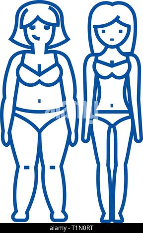 Fat and slim woman, before  line icon concept. Fat and slim woman, before  flat  vector symbol, sign, outline illustration. Stock Vector