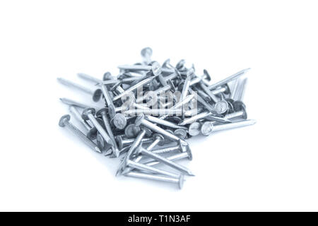 New silver colored nails isolated on white background. Nails on white. Construction and building concept. Work symbol. Grey nails isolated Stock Photo