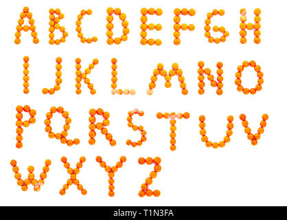 English language alphabet folded by tangerines. Creative font made from tangerines. Letters for design and words Stock Photo