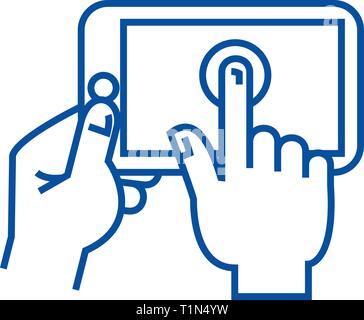 Hands touching tablet line icon concept. Hands touching tablet flat  vector symbol, sign, outline illustration. Stock Vector