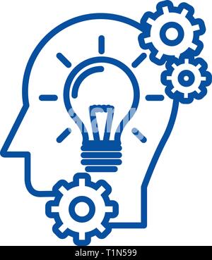 Head with lamp,idea generation line icon concept. Head with lamp,idea generation flat  vector symbol, sign, outline illustration. Stock Vector