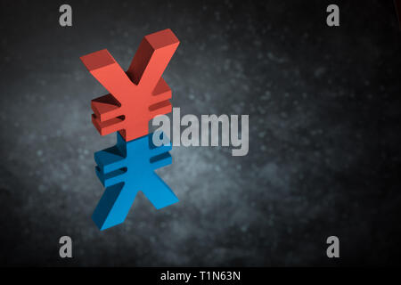 Red and Blue Japanese of Chinese Currency Symbol Yen or Yuan With Mirror Reflection on Dark Dusty Background Stock Photo