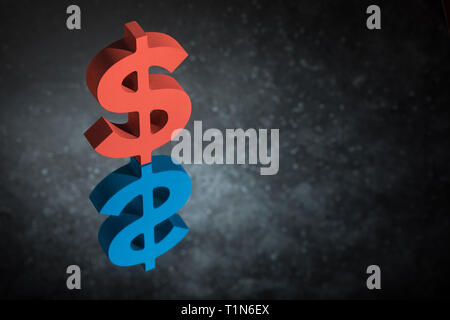 Red and Blue American Currency Symbol or Sign Dollar With Mirror Reflection on Dark Dusty Background Stock Photo