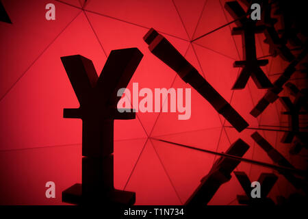 Japanese Yen or Chinese Yuan Currency Symbol With Many Mirroring Images of Itself on Red Background Stock Photo