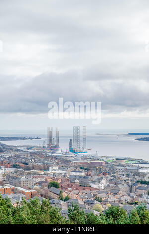 Looking over Dundee City and its harbour accross the Firth of Tay in a wide Panorama that was taken from Dundee Law minument the highest point in Dund Stock Photo