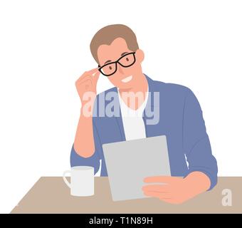 Cartoon people character design handsome businessman in shirt and glasses using digital tablet in a coffee shop. Ideal for both print and web design. Stock Vector