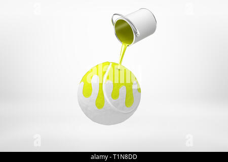 3d rendering of paint can spilling yellow paint on light-grey tennis ball in mid-air on white background. Stock Photo