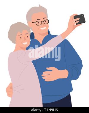 Cartoon people character design senior couple taking selfie by mobile phone happily. Ideal for both print and web design. Stock Vector