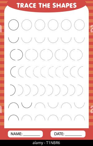learning for children, drawing tasks. trace the geometric circles shapes around the contour. Stock Vector