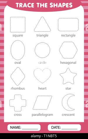 learning for children, drawing tasks. trace the geometric shapes around the contour. trace the shapes Stock Vector