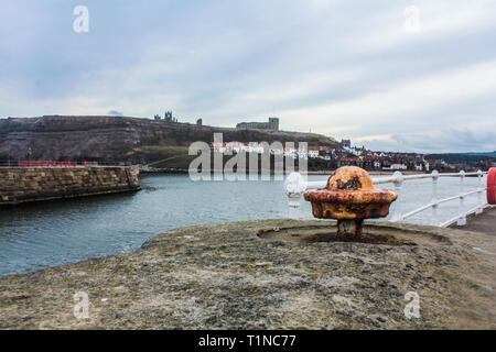 View of Whitby Abbey from the pier Stock Photo