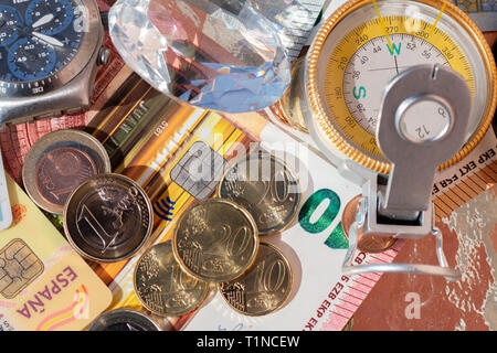 Identity card, Euro banknotes, coins, credit card, and other personal objects Stock Photo