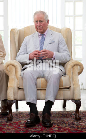 The Prince of Wales hears about the cultural response to the recent tornado in Havana, at the Ambassador Residence in Havana, Cuba. Stock Photo