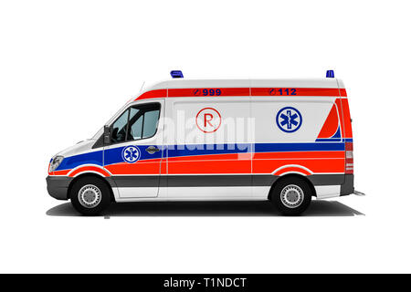 3d rendering of Ambulance or emergency truck of rescue service with paramedics hurry for injured person or accident victim to the hospital Stock Photo