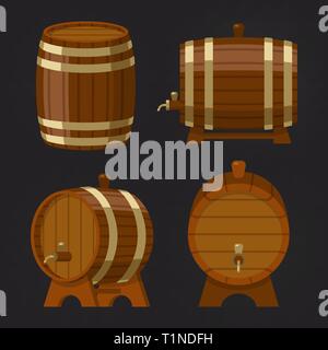 Set of old wooden wine or beer barrel or oak keg Stock Vector