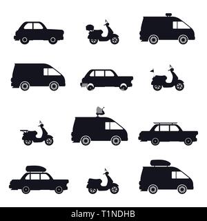Silhouette of car and minibus, scooter and auto Stock Vector