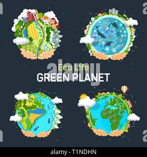 Hands holding planets with ocean and solar panels Stock Vector