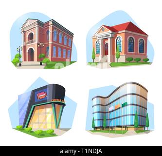 Cinema and library, modern building and theater. Stock Vector