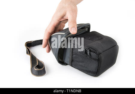 Camera case with a strap in a white Stock Photo