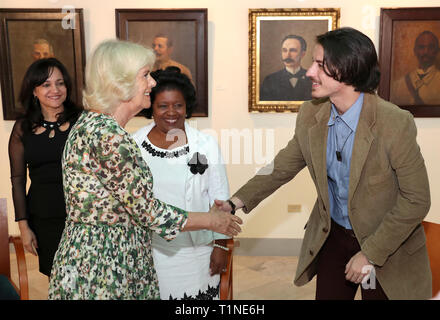 The Duchess of Cornwall meets organisers and winners of the English language essay competition 'Bridges between Cuba and the UK' ahead of a reception at the Palacio de los Capitanes Generales in Havana, Cuba. Stock Photo