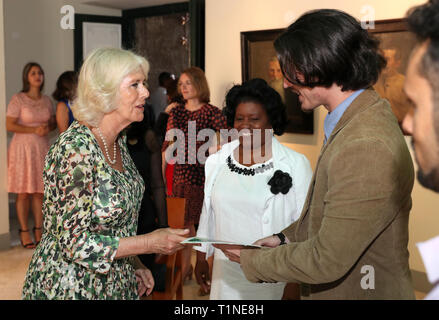 The Duchess of Cornwall meets organisers and winners of the English language essay competition 'Bridges between Cuba and the UK' ahead of a reception at the Palacio de los Capitanes Generales in Havana, Cuba. Stock Photo