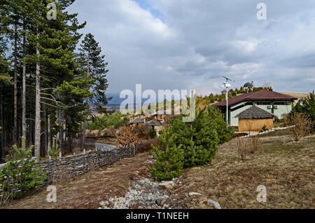 Archaeological park Topolnitsa with neolithic houses reconstruction for relax and traditional celebrate near village Chavdar, Sofia, Bulgaria, Europe Stock Photo