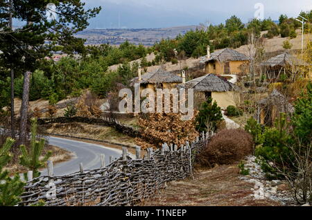 Archaeological park Topolnitsa with neolithic houses reconstruction for relax and traditional celebrate near village Chavdar, Sofia, Bulgaria, Europe Stock Photo