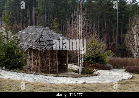 Archaeological park Topolnitsa with neolithic houses reconstruction for relax and traditional celebrate near village Chavdar, Sofia, Bulgaria, Europe Stock Photo